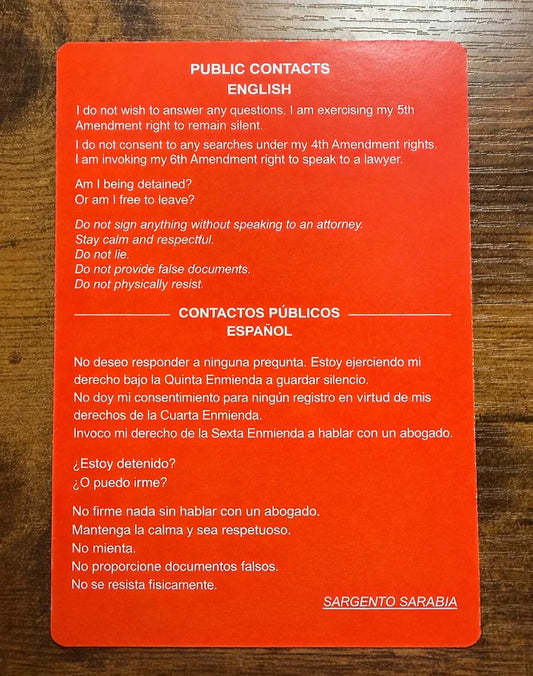 Tarjeta Roja Bilingüe de Derechos Constitucionales Inglés Español