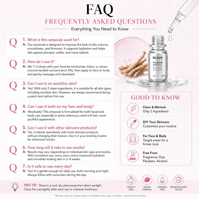 RE:CIPE Volufiline 100% Ampoule - Official Product From France, Sederma - Pure Volufiline Serum - DIY Skin Care Booster for Face & Body - Hydrating & Age-Defying Formula for Elevated Resilience 0.33 fl oz