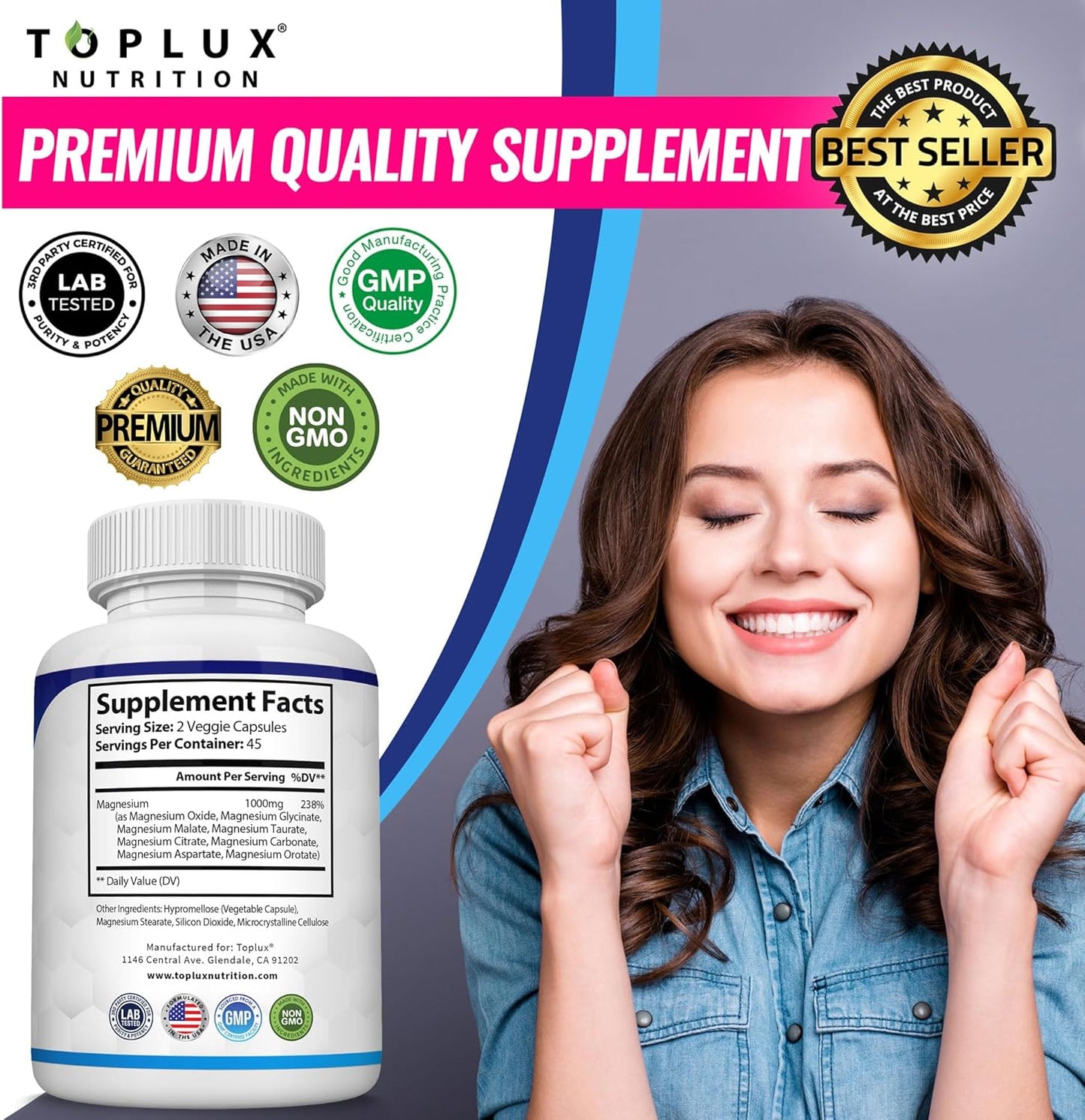 Magnesium Complex Supplement 8 Elemental 1000mg - Magnesium Glycinate, Citrate, Malate, Taurate, Chelated for Easy Absorption for Bones, Muscle, Recovery, Energy, Vegan Non-GMO 90 Capsules-L