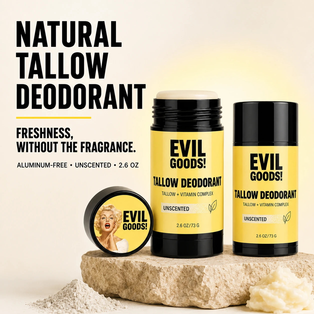 EVILGOODS Natural Tallow Body Care Deodorant Stick - Grass-Fed Beef Tallow, Kaolin Clay, Aluminum-Free, Unscented, Moisture-Boosting, 2.6 oz for Daily Freshness