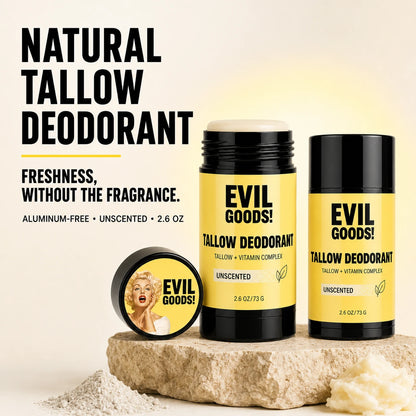 EVILGOODS Natural Tallow Body Care Deodorant Stick - Grass-Fed Beef Tallow, Kaolin Clay, Aluminum-Free, Unscented, Moisture-Boosting, 2.6 oz for Daily Freshness