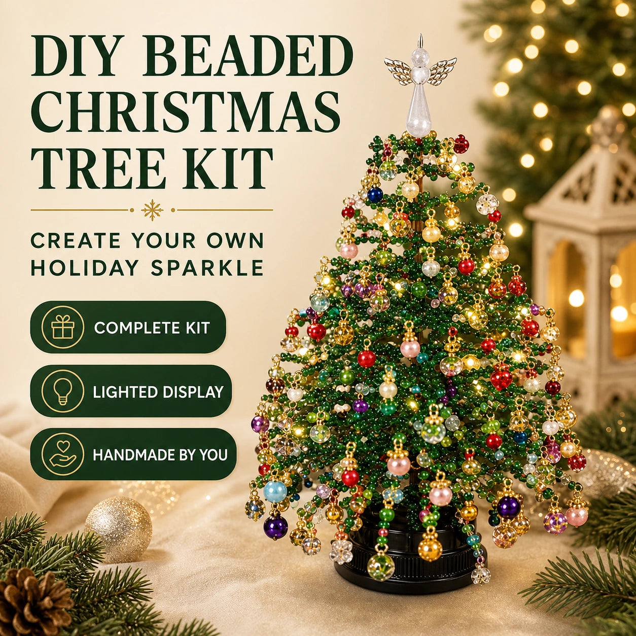 DIY Beaded Christmas Tree Kit, Hand‑Made Mini Crystal Bead Xmas Tree Craft Set, Complete Christmas Decoration Making Supplies with Beads, Angel Tree Topper, Base & Accessories, Tabletop Holiday Ornament, Fun DIY Project, Ideal Christmas Gift for Kids & Fa