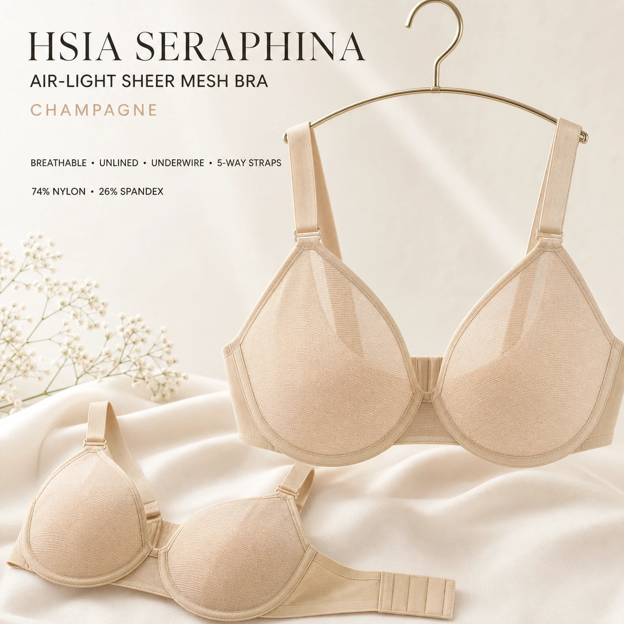 HSIA Seraphina Air Light Breathable Sheer Mesh Halter Bra Plus Size Summer Unlined Full Coverage Bra Underwire Support Non Padded Bra Lightweight Convertible Multiway 5-Way Wear Front Adjustable Detachable Straps Comfort Everyday Womenswear