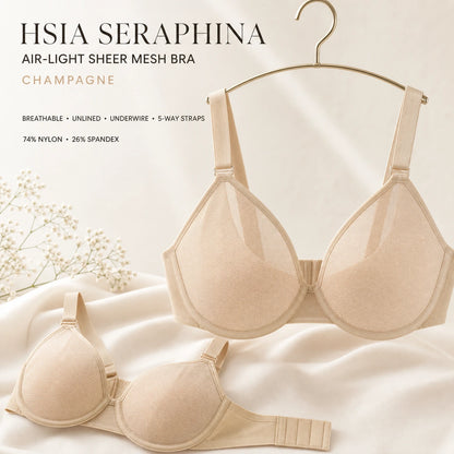 HSIA Seraphina Air Light Breathable Sheer Mesh Halter Bra Plus Size Summer Unlined Full Coverage Bra Underwire Support Non Padded Bra Lightweight Convertible Multiway 5-Way Wear Front Adjustable Detachable Straps Comfort Everyday Womenswear