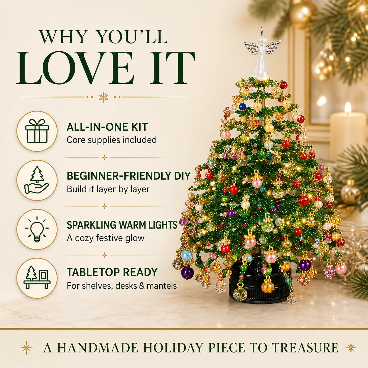 DIY Beaded Christmas Tree Kit, Hand‑Made Mini Crystal Bead Xmas Tree Craft Set, Complete Christmas Decoration Making Supplies with Beads, Angel Tree Topper, Base & Accessories, Tabletop Holiday Ornament, Fun DIY Project, Ideal Christmas Gift for Kids & Fa