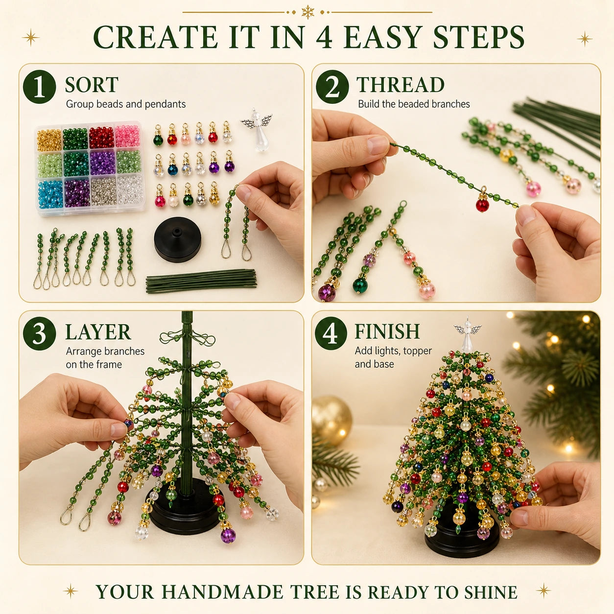 DIY Beaded Christmas Tree Kit, Hand‑Made Mini Crystal Bead Xmas Tree Craft Set, Complete Christmas Decoration Making Supplies with Beads, Angel Tree Topper, Base & Accessories, Tabletop Holiday Ornament, Fun DIY Project, Ideal Christmas Gift for Kids & Fa