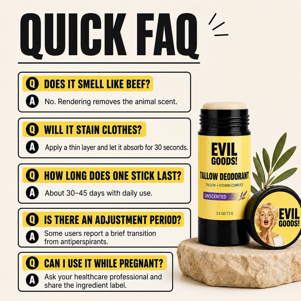 EVILGOODS Natural Tallow Body Care Deodorant Stick - Grass-Fed Beef Tallow, Kaolin Clay, Aluminum-Free, Unscented, Moisture-Boosting, 2.6 oz for Daily Freshness