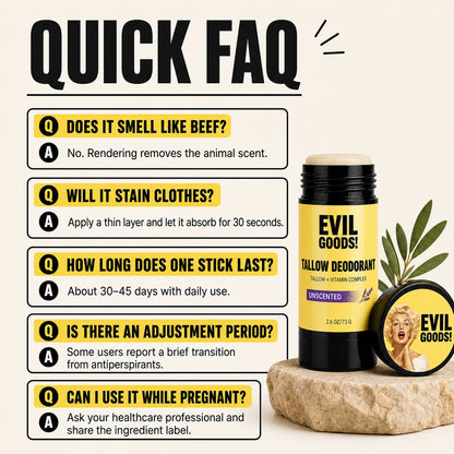 EVILGOODS Natural Tallow Body Care Deodorant Stick - Grass-Fed Beef Tallow, Kaolin Clay, Aluminum-Free, Unscented, Moisture-Boosting, 2.6 oz for Daily Freshness