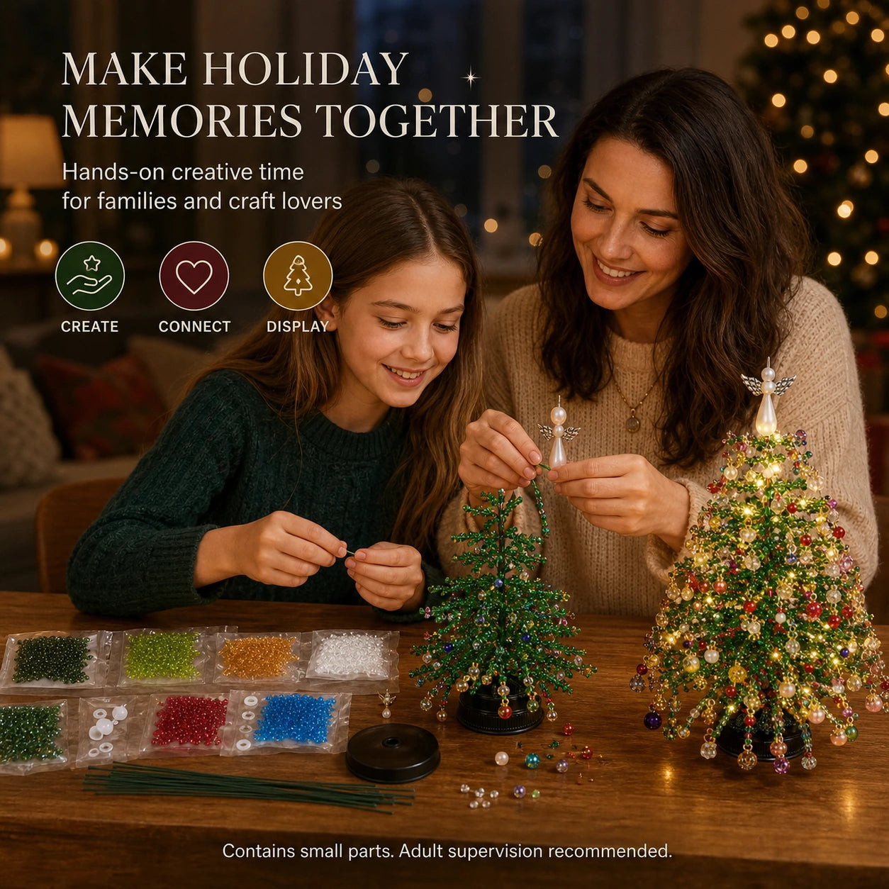 DIY Beaded Christmas Tree Kit, Hand‑Made Mini Crystal Bead Xmas Tree Craft Set, Complete Christmas Decoration Making Supplies with Beads, Angel Tree Topper, Base & Accessories, Tabletop Holiday Ornament, Fun DIY Project, Ideal Christmas Gift for Kids & Fa