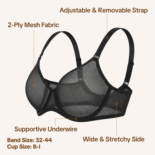 HSIA Seraphina Air Light Breathable Sheer Mesh Halter Bra Plus Size Summer Unlined Full Coverage Bra Underwire Support Non Padded Bra Lightweight Convertible Multiway 5-Way Wear Front Adjustable Detachable Straps Comfort Everyday Womenswear