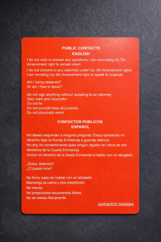Bilingual Red Card Constitutional Rights Card English Spanish