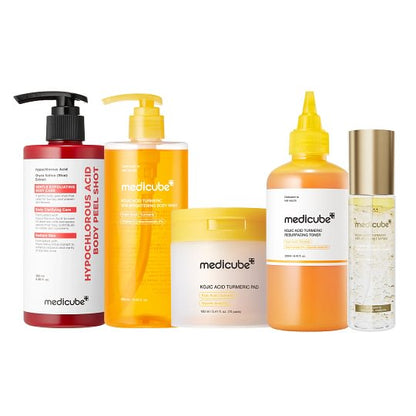 [medicube] Smooth & Clear Body Care Set | Hypochlorous Acid Body Peel Shot, Kojic Acid Turmeric Body Wash, Toner Pad, Toner, Mist | Exfoliating for Dead Skin Cells & Excess Sebum & Clearing for After Spots, Texture & Uneven Skin Tone | K-Beauty
