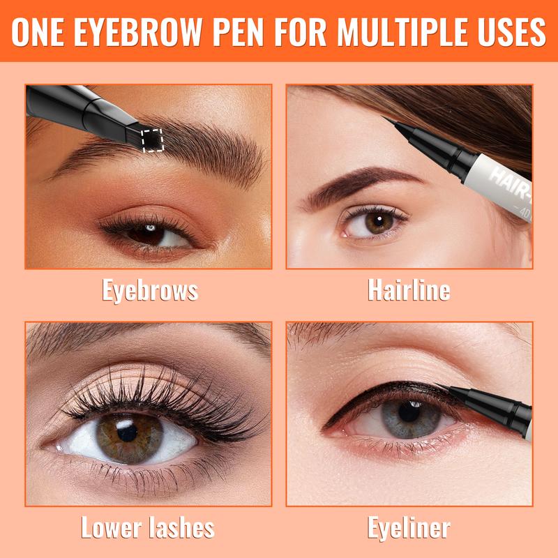 4D Brow Pen, 2-in-1 Eyebrow Pencil with Waterproof Microblading and Dual-Ended Eyeliner Brush for Natural Brow M