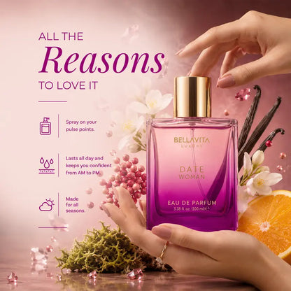Bellavita Luxury DATE Woman Eau De Parfum 100ML | Romantic Women Perfume | Long Lasting Floral Fruity Fragrance | Perfume for Women | Women Perfume Gift Set | Women’s Day Special