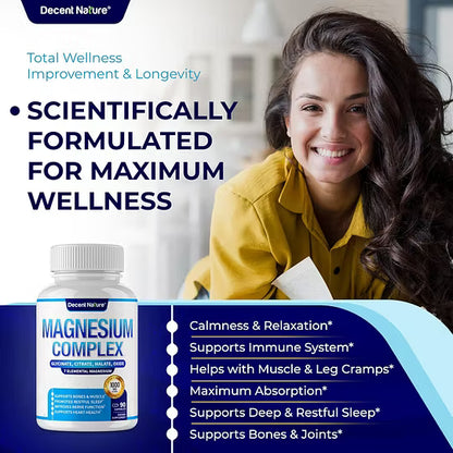Magnesium Complex 7 Elemental Magnesium Supplement 1000mg – Magnesium Glycinate, Citrate, Malate, Taurate, Oxide, Aspartate, Orotate Non-GMO 90 Capsules-L