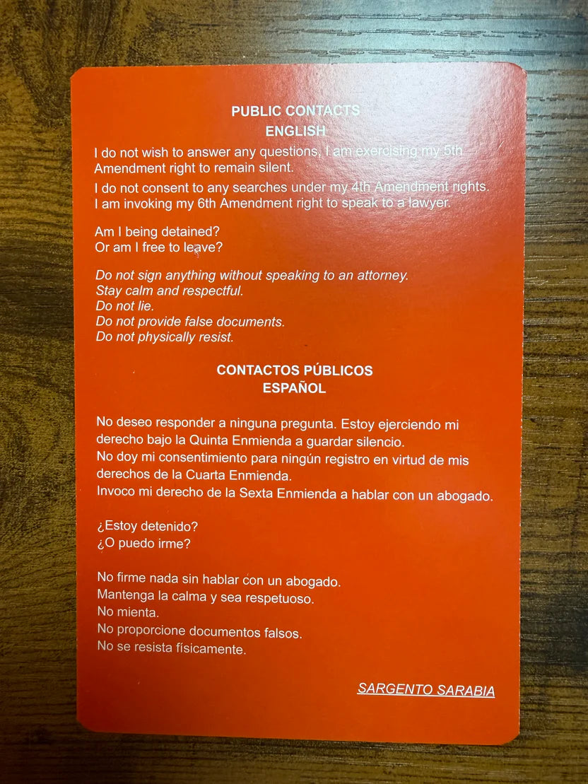 Bilingual Red Card Constitutional Rights Card English Spanish