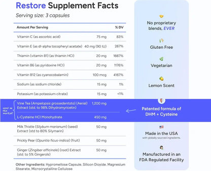 Cheers Restore | Supplement with DHM + L-Cysteine | Feel Better After Drinking & Support Your Liver | 12 Doses | Dihydromyricetin, Cysteine, Prickly Pear, B-Vitamins, Ginger