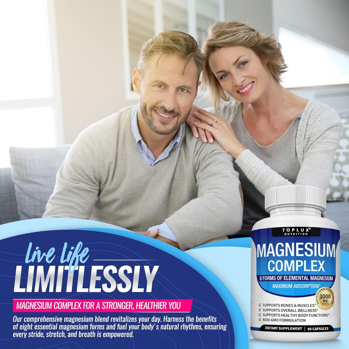 Magnesium Complex Supplement 8 Elemental 1000mg - Magnesium Glycinate, Citrate, Malate, Taurate, Chelated for Easy Absorption for Bones, Muscle, Recovery, Energy, Vegan Non-GMO 90 Capsules-L