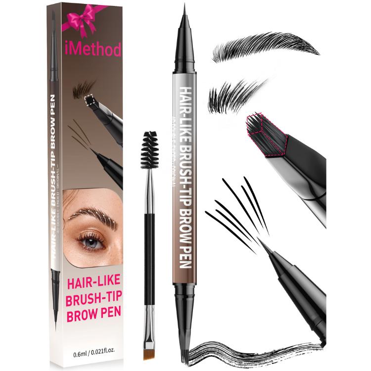 4D Brow Pen, 2-in-1 Eyebrow Pencil with Waterproof Microblading and Dual-Ended Eyeliner Brush for Natural Brow M