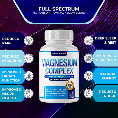 Magnesium Complex 7 Elemental Magnesium Supplement 1000mg – Magnesium Glycinate, Citrate, Malate, Taurate, Oxide, Aspartate, Orotate Non-GMO 90 Capsules-L