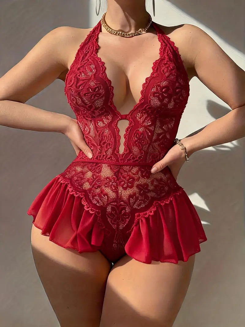 Women's Lace Jumpsuit, Halter Deep V Sheer Ruffle Design, Couples Date Night Pajamas, Elegant Plain Style, All Seasons Wear
