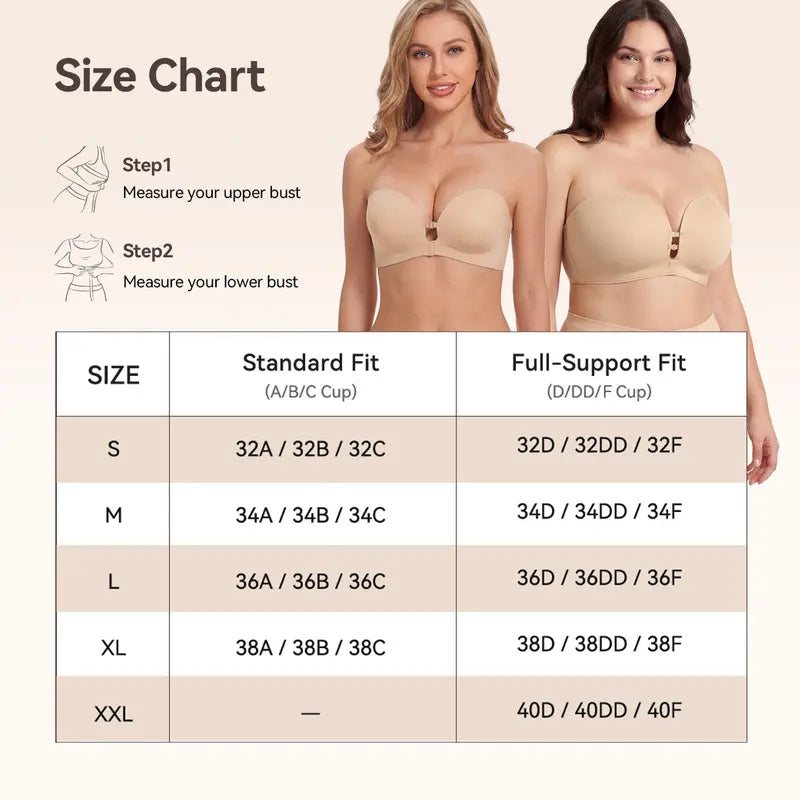 Womens Strapless Front Closure Bra Push Up Lift Bra Padded Add Cup Non Slip Anti-Slip Grip & Removable Straps Fit Outfits Wireless Supportive Seamless Comfortable