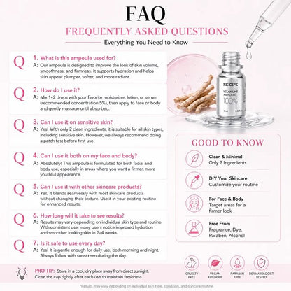 RE:CIPE Volufiline 100% Ampoule - Official Product From France, Sederma - Pure Volufiline Serum - DIY Skin Care Booster for Face & Body - Hydrating & Age-Defying Formula for Elevated Resilience 0.33 fl oz