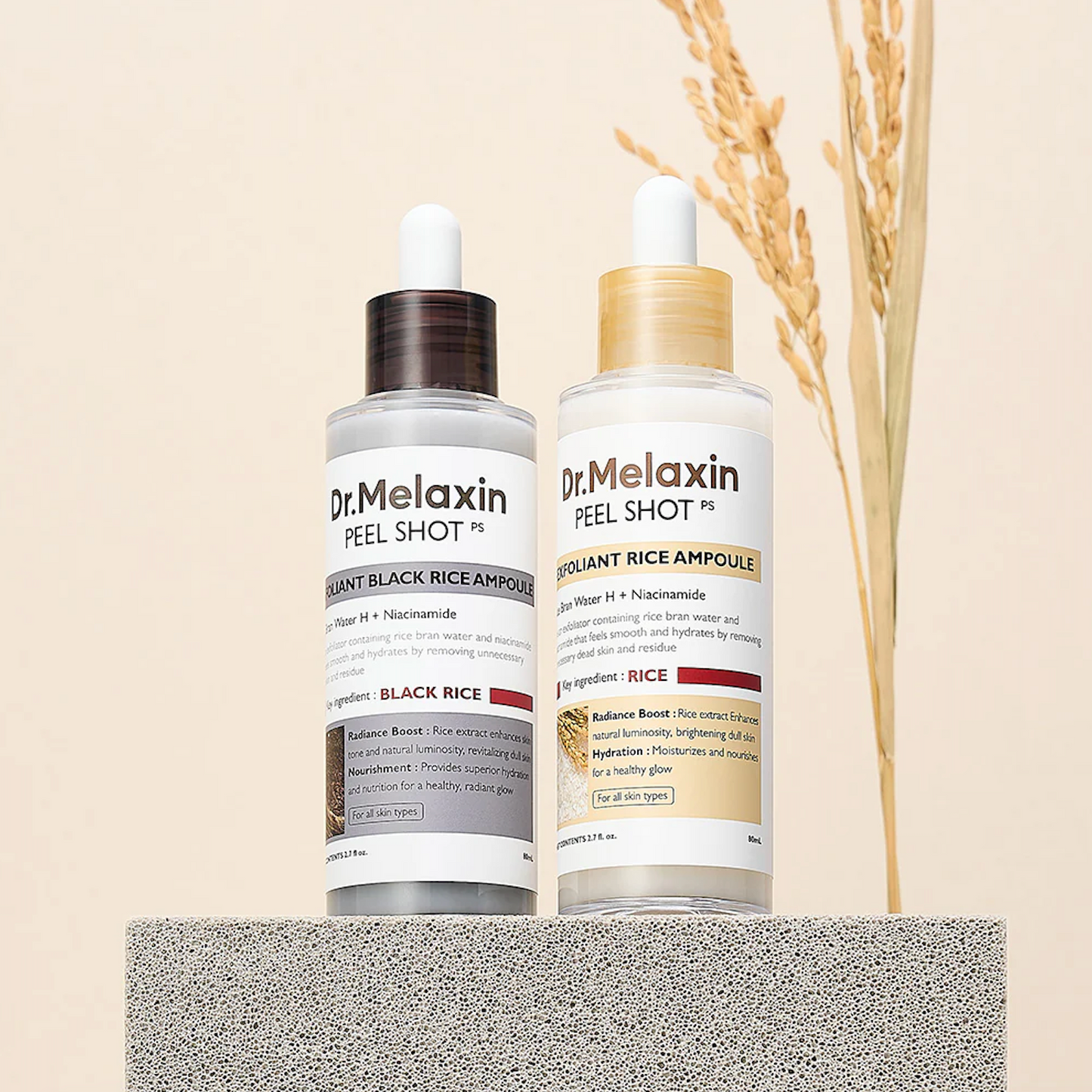 Dr.Melaxin Peel Shot Glow White and Black Rice Ampoule Duo, Soft Exfoliating Face and Body Scrub Dead Skin Cells, Blackheads Remover for All Skin Types