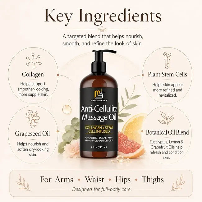 M3 Naturals Anti Cellulite Massage Oil 8oz - Smooth the Appearance of Cellulite - Body Care & Skin Care Massage Oil - Topical Collagen and Plant Stem Cell Body Oil to Restore Texture and Elasticity - Soothing Body Oil Moisture #TikTokShopSummerSale