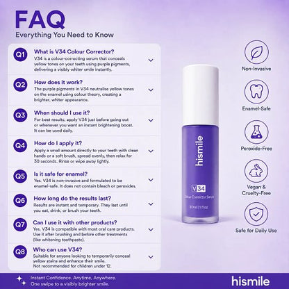 [Recommended by Kim Kardashian] Hismile V34 Colour Corrector - Tooth Stain Concealer, Temporary Brightening Booster, Purple Toothpaste, Colour Correcting