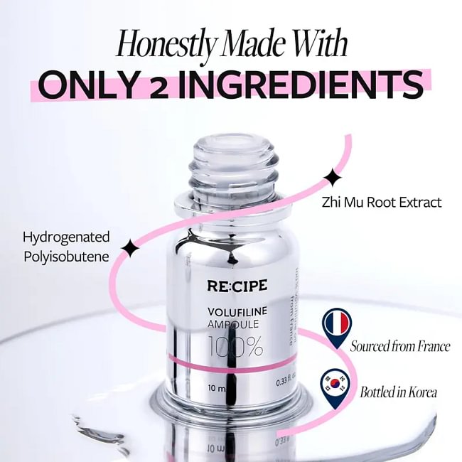 RE:CIPE Volufiline 100% Ampoule - Official Product From France, Sederma - Pure Volufiline Serum - DIY Skin Care Booster for Face & Body - Hydrating & Age-Defying Formula for Elevated Resilience 0.33 fl oz