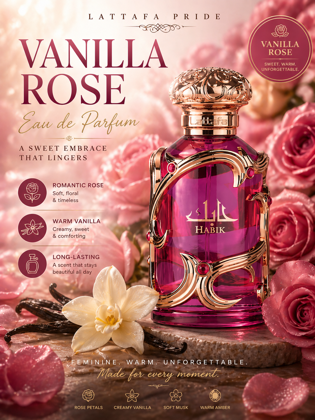 Lattafa Habik Women's Eau de Parfum Natural Spray, 100ml (3.4 fl oz) Vanilla Rose Women Perfumes, Elegant Subtle Scent Single Item