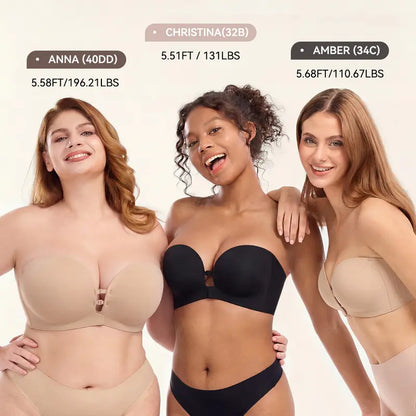 Womens Strapless Front Closure Bra Push Up Lift Bra Padded Add Cup Non Slip Anti-Slip Grip & Removable Straps Fit Outfits Wireless Supportive Seamless Comfortable